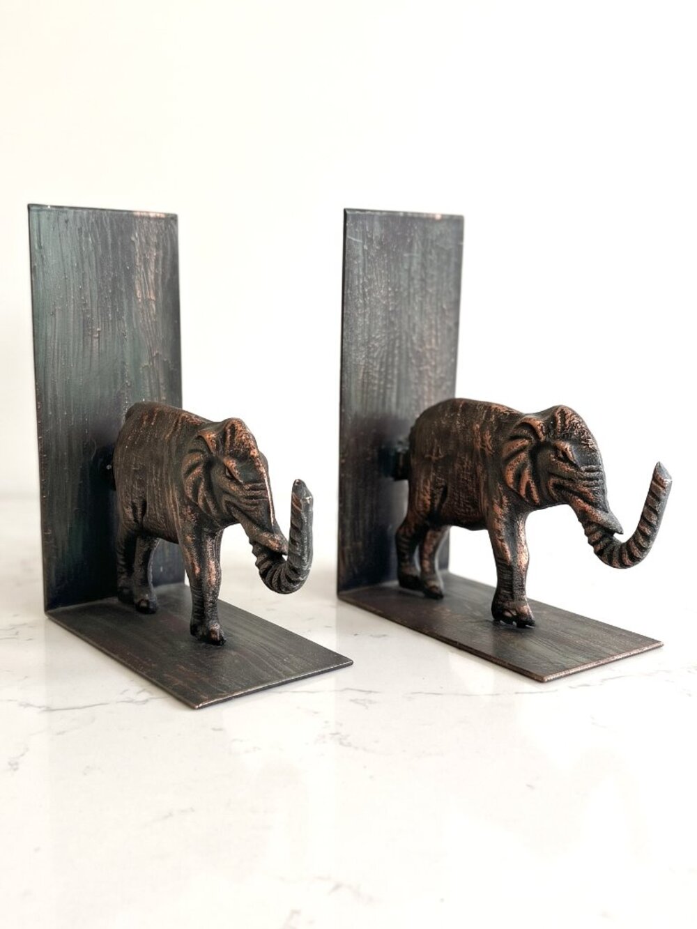 Vintage Cast Metal Elephant Bookends Pair Verdigris Bronze Finish Safari 7"